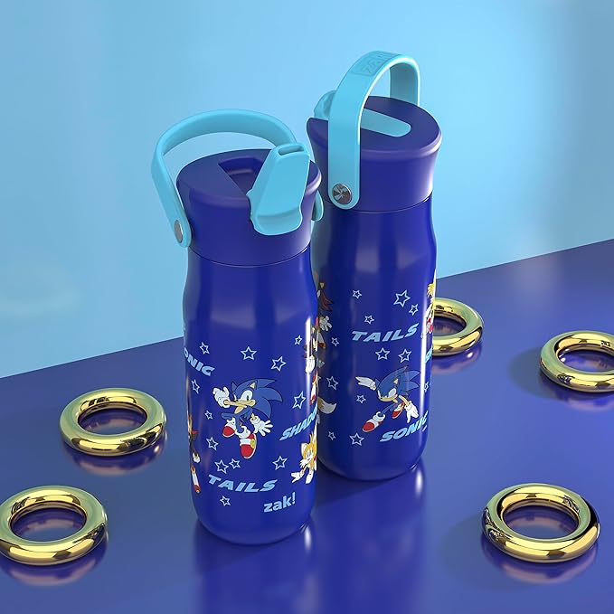 Zak Designs Harmony Sonic the Hedgehog Water Bottle for Travel or Home, 20oz Recycled Stainless Steel is Leak-Proof When Closed and Vacuum Insulated with Straw Lid and Carry Handle (Sonic & Friends)