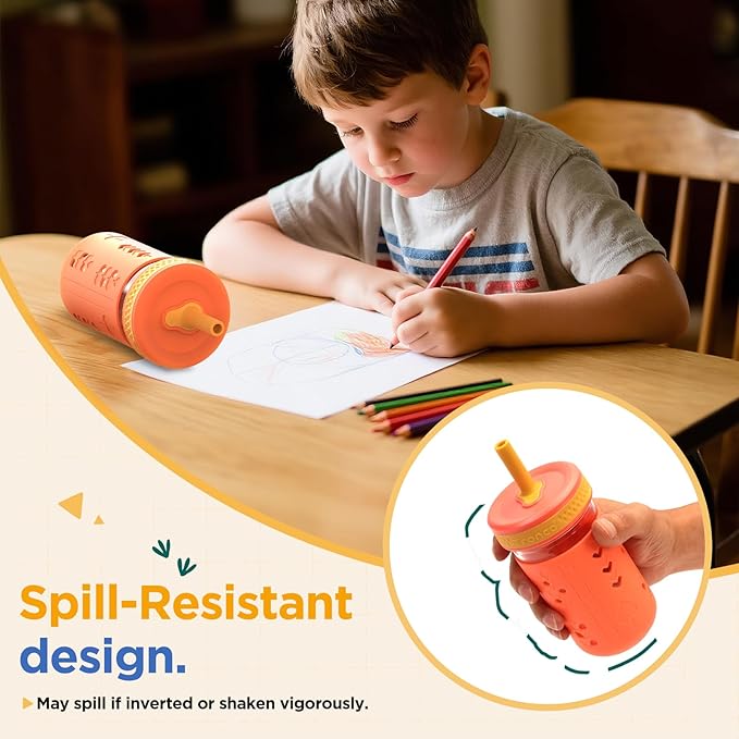 Tronco 12 oz Glass Sippy Cup for Kids & Toddlers | Mason Jar Smoothie Cups with Spill-Proof Silicone Straws, Non-Slip Silicone Sleeves & Lids, BPA-Free Snack Cups, Dishwasher Safe
