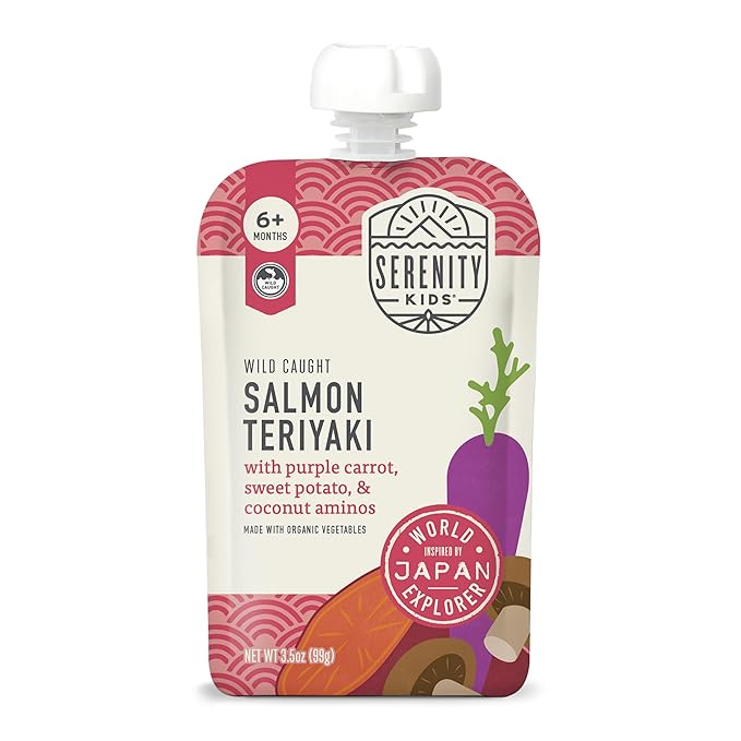 Serenity Kids 6+ Months Salmon Teriyaki Baby Food Puree Pouch - Organic Veggies & Ethically Sourced Salmon - No Added Sugar Baby Snacks - BPA-Free Pouches- 3.5 Oz, 6 Pack