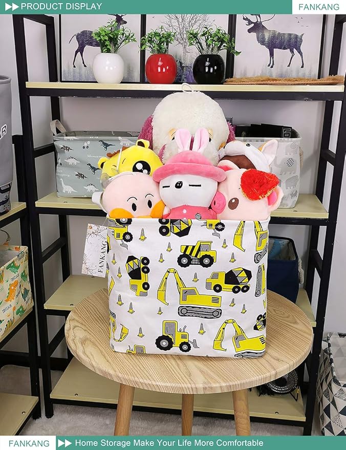 FANKANG Square Nursery Hamper Storage Bins Canvas Laundry Basket Foldable with Waterproof PE Coating Storage Baskets Gift Baskets for Children, Office, Bedroom, Clothes（Square-Engineering ）