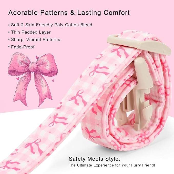 Girl Dog Collar for Giant Large Dogs - Cute Pink Plaid & Bow Print Spring/Summer Puppy Collar, Soft Adjustable Holiday Female Dog Collars with Quick Release Buckle XL