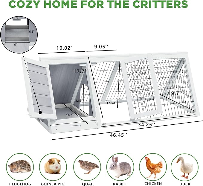 Rabbit Hutch Indoor Outdoor, Chicken Coop, Brooder Box for Chicks, A-Frame Poultry Quail Cage Duck House with Ventilating Wire Bunny Cage for Small Animals (Grey)