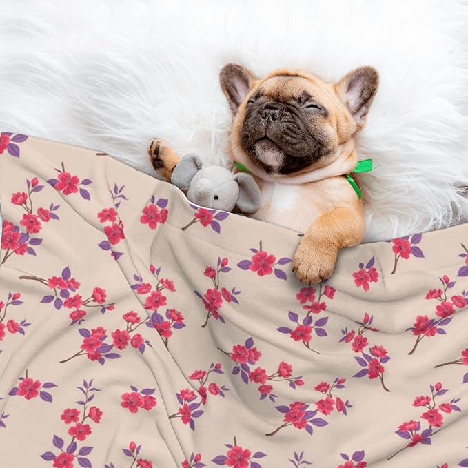 Dog and Cat Blanket in One, Cherry Flower Seamless Flowers Pattern, Double Sided Plush Throw with Raised Dot Pattern on One Side and Flat Velvet on Other for Variety