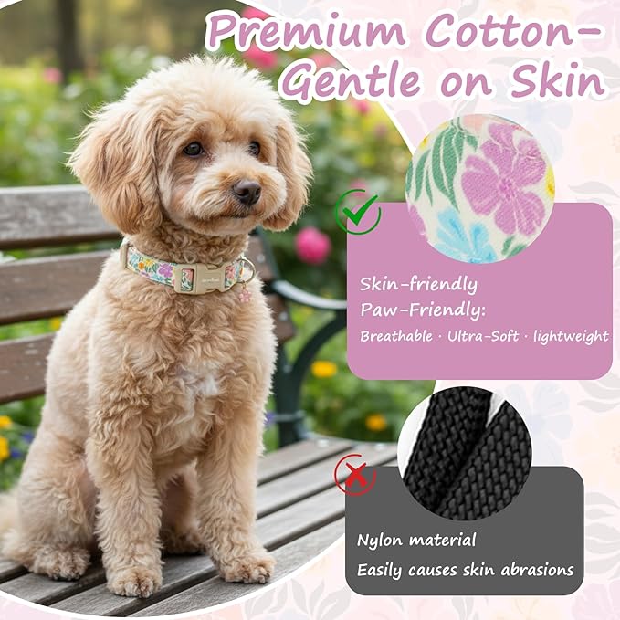 Cotton Dog Collar with Colorful Flowers for Spring Summer, Adjustable Puppy Dog Collars for Small Medium Large Dogs, Cute Girl Boy Dog Collar Ideal for Gifts,Pet Accessory,S