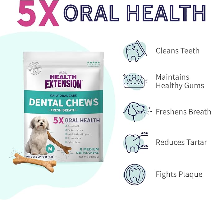 Health Extension Fresh Breath Dental Bones for Dogs, 8 Medium Bones – Supports Dental Health, Freshens Breath, Ideal for Puppy Training (Pack of 1)