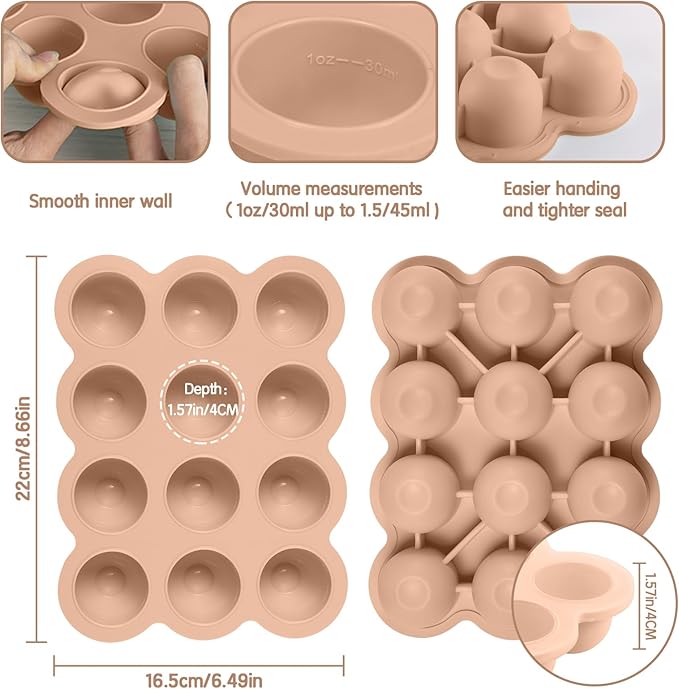 Baby Food Storage 12 x 1.5OZ Silicone Freezer Tray with Lid, Food Grade Silicone Containers for Purees & Vegetables Light Brown