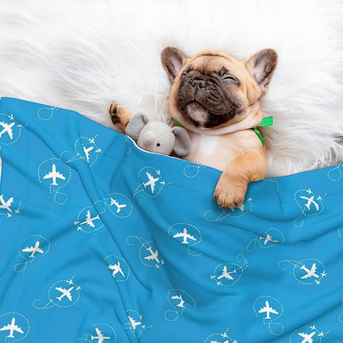 Reversible Pet Blanket for Easy Cleaning Maintenance, Aircraft Airplane Pattern Navy Blue, Double Sided Plush Dot Design Means Double Use Between Washes for Convenience