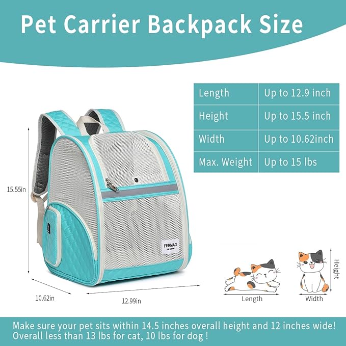 Cat Backpack Carrier for Small Dogs and Medium cat Puppy Kitten Bunny Pet Carrier Backpack Collapsible with Fully Ventilated Mesh with Safety Leash (LightGreen, 12.9" L x 10.62" W x 15.5" H - M)