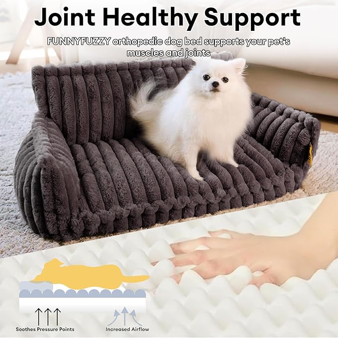 FUNNY FUZZY Dog Bed Orthopedic & Fluffy Dog Couch Bed, Corduroy Fleece Pet Beds Washable, Supportive Foam Pet Sofa Bed with Removable Zipper Cover - Snoozy Dream, Dark Grey, XL