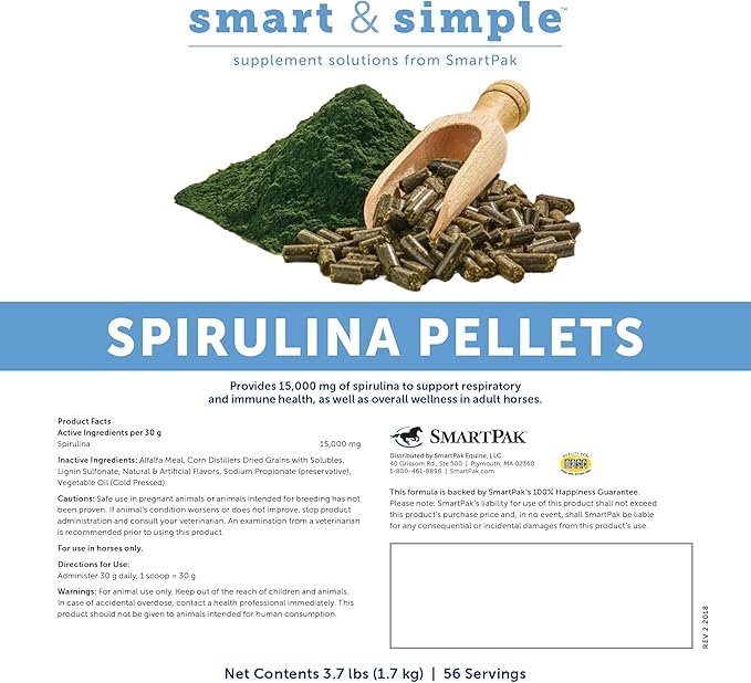 Smart & Simple Spirulina Pellets for Horses | Immune Support, Respiratory Supplement for Horses | Convenient and Tasty Apple Banana Flavor | 56 Servings | 3.7 lb Bag