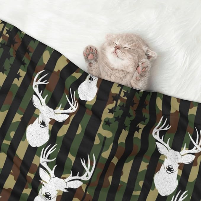 Reversible Pet Blanket for Easy Cleaning Maintenance, Cool Deer Camo Camouflage American Flag Hunting Black, Double Sided Plush Dot Design Means Double Use Between Washes for Convenience