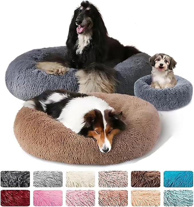 Calming Dog Bed for Small Dogs, Calming Donut Cuddler Pet Bed Anti Anxiety Round Dog Bed Fluffy Plush Faux Fur Cat Bed,Gradient Grey,31.5IN