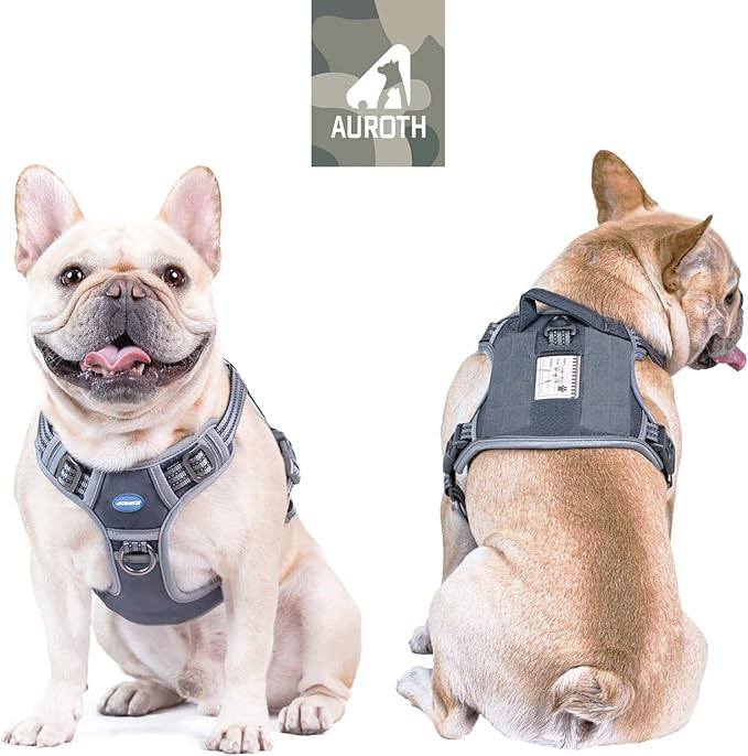 Auroth Tactical Dog Harness for Small Medium Dogs No Pull Adjustable Pet Harness Reflective Working Training Easy Control Pet Vest Military Service Dog Harnesses Grey S