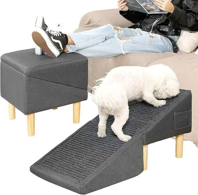 Dog Ramp for Dogs and Cats, 16" W 2-in-1 Split Ottoman Dog steeps for Bed,Solid Wood, Gentle 23 Incline, Foldable Pet Stairs for Large and Small Dogs (Dark Gray)