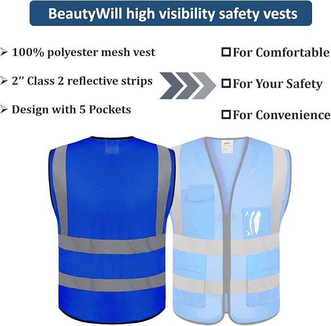BeautyWill 5 Pack Mesh Safety Vest Custom Logo Class2 High Visibility Reflective Vest with 5 Pockets Construction Security Work Vest ANSI/ISEA Standards（Blue，3XL ）