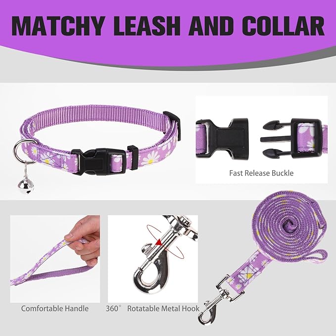 EXPAWLORER Small Dog Harness and Leash Set - Cute Spring Puppy Harness Leash Dog Collar with AirTag Holder Silicone Case, Soft Padded Step in Pet Vest Reflective for Outdoor Walking, Purple Daisy M