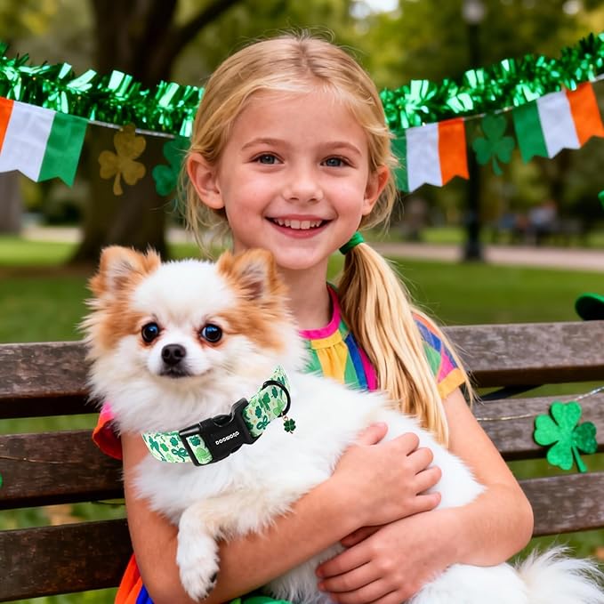 DOGWONG St Patrick's Day Dog Collar-Cute Green Clovers Dog Collar, Adjustable Cotton Shamrock Pet Collar Trefoil Puppy Collars with Quick Release Buckle,XS