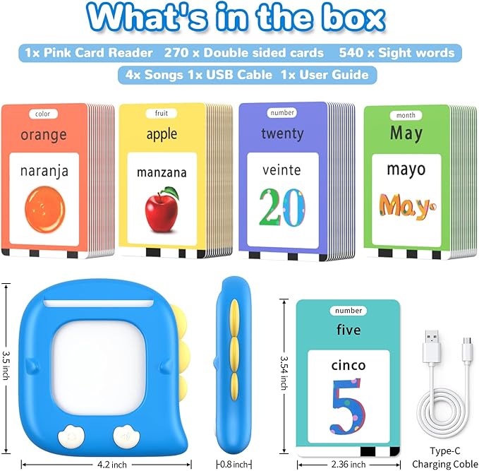 Kidzdo 520 Bilingual Spanish English Talking Flash Cards, Christmas Birthday Gifts for 2 3 4 5 6 Year Old Boys, Montessori Pocket Speech Therapy Toys, Portable Toddlers Toys for Ages 2-6 Kids, Blue