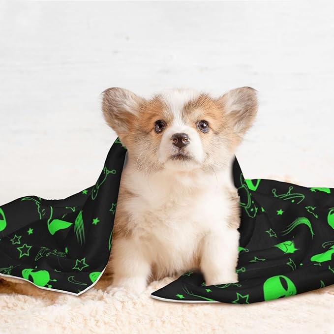 Pet Blanket for Couches and Beds, Green Alien Moon Spaceships Planet Black, Reversible Double Sided Plush Design with Soft Bumpy Texture and Smooth Surface, Furniture Protector