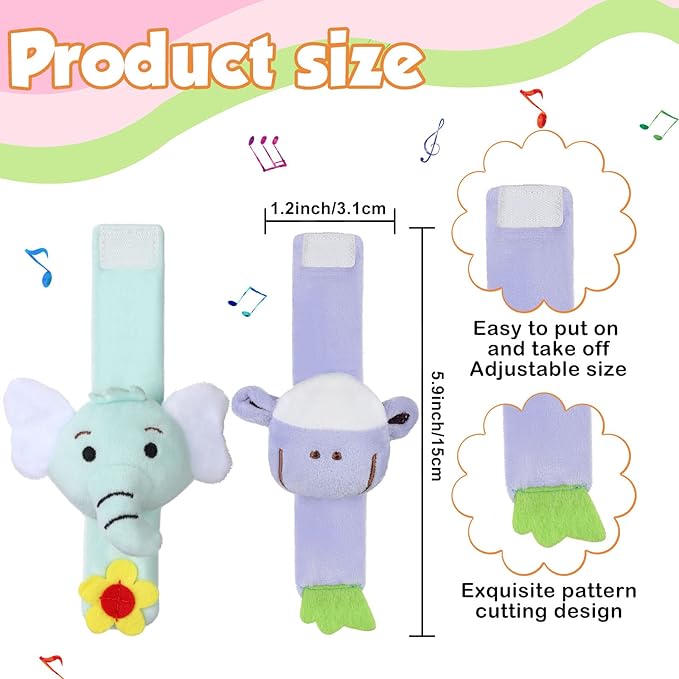 4 Pieces Baby Wrist Rattles Animal Pattern Newborn Foot Rattles Toy for 0-12 Months Babies Boy Girl Infant Birthday Gifts Educational Toys, 4 Designs (Sheep, Dog, Chick, Monkey)