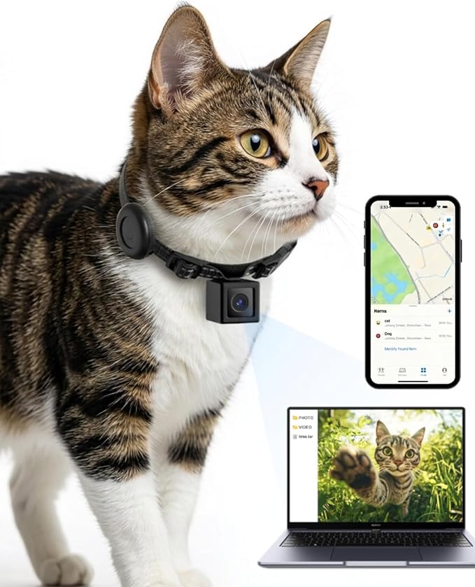 Cat Camera Collar with Tracker Tag, 1080P HD Video Recording, NO WiFi NO APP Pet POV Cam, Body Action Camera for Cat/Dog Tracking — Lightweight, Night Vision, Easy Playback
