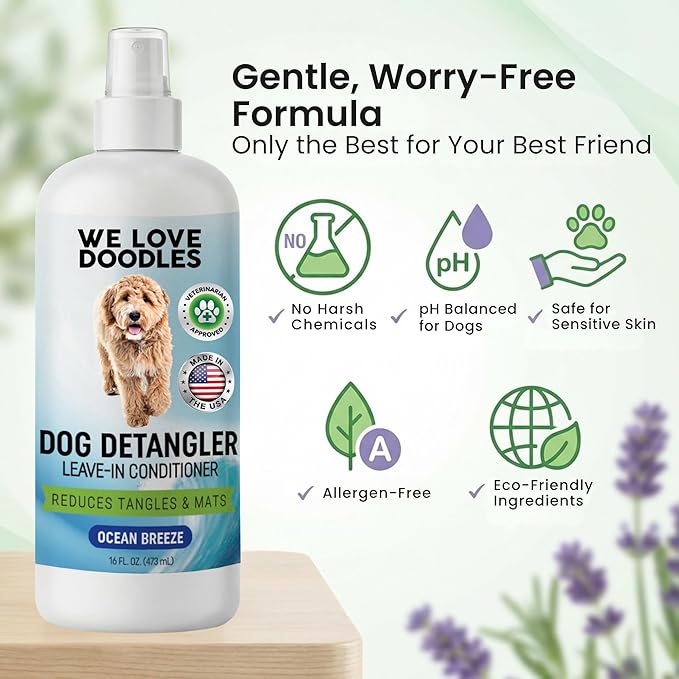 We Love Doodles Dog Detangler Spray - Leave-in Conditioner for Dogs - Dog Detangling Spray - Dematting Spray for Dogs - Tangle Remover - Made in The USA - Large 16 fl oz (Ocean Breeze)
