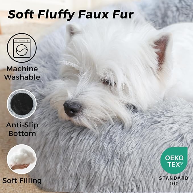 Calming Dog Bed & Cat Bed with Anti-Slip Bottom, Medium Size Washable Anti-Anxiety Donut Dog Beds for Medium Dogs, Fluffy Plush Cozy Round Dog Bed(27 Inch, Light Grey)
