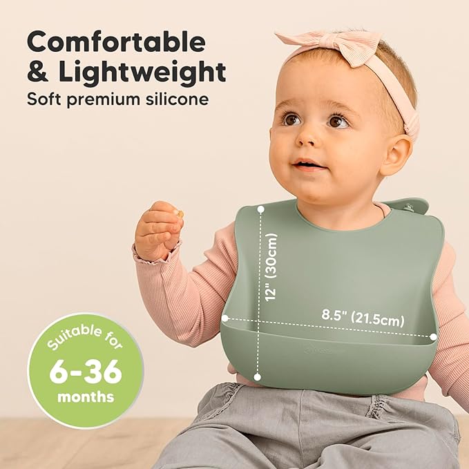 KeaBabies 2-Pack Silicone Baby Bibs for Eating - Sturdy Food-Grade Silicone Bibs for Babies Girl, Boy, Large Food Catcher, Clean & Put On Easily, Waterproof Toddler Feeding Essentials (Sage)