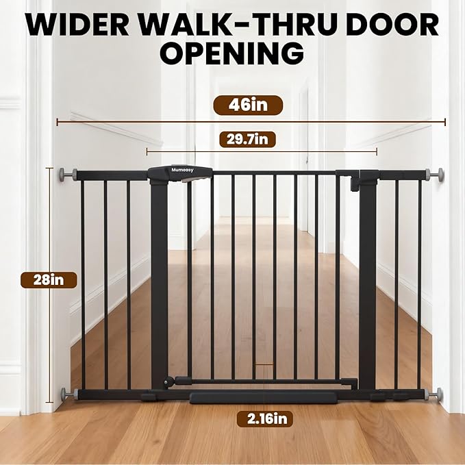 29.7-46" Extra Wide Baby Gate for Stairs, Pressure Mounted Dog Gate Indoor for Doorways, Auto Close Pet Gate with Walk Thru Door, Double Lock Child Safety Gate for Kids and Pet, No-Trip Design