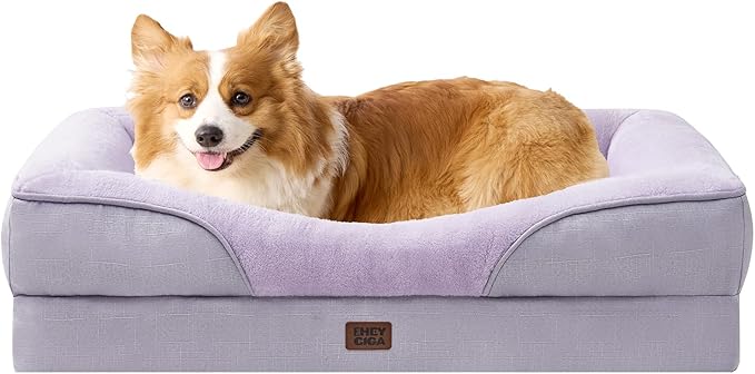 EHEYCIGA Orthopedic Dog Bed for Medium Dog, 35x22x6.5 Inch Memory Foam Dog Couch Bed with Sides, Waterproof Liner & Washable Removable Cover, Bolster Pet Sofa, Purple