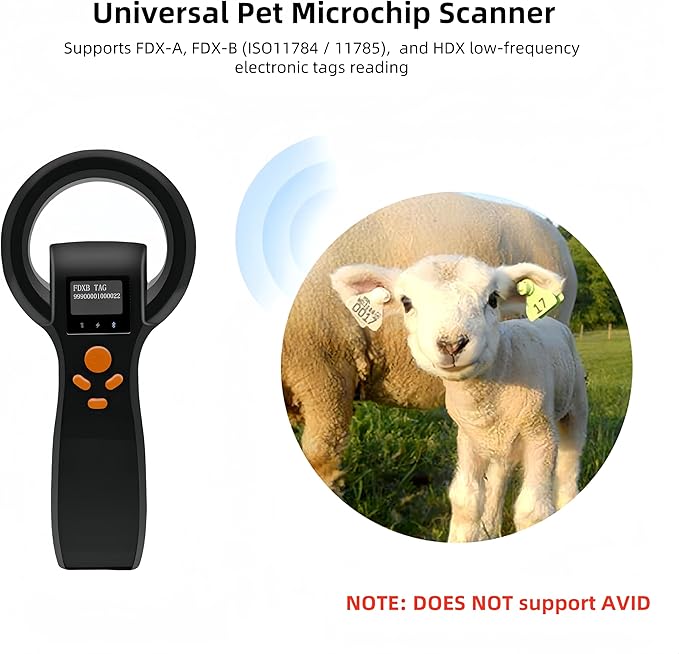 Universal Pet Microchip Scanner, Wireless Rechargeable Digital Pet Dog Cat Microchip Reader, Fast Reading FDX-A/FDX-B/HDX, Up to 16000 Data Records Bluetooth/USB