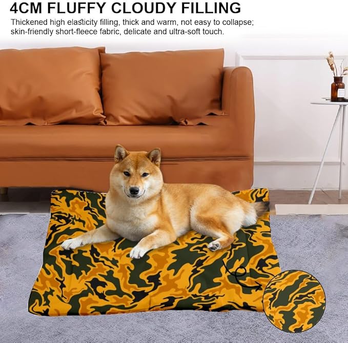 Yellow-Green Swirl Camo Dog Beds & Furniture Crate Mats Kennel Pads Crate Dog Bed Washable Non-Slip Bed Washable Small Cage Mats for Crates Kennel Accessories Indoor Outdoor 36X24 Inch