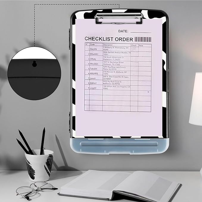 Clipboard with Storage,Storage Clipboard with Pen Holder,Heavy Duty Plastic Storage Clipboard with Low Profile Clip, Clipboard Folder, Teacher Must Haves, Office Supplies,Cute Cow