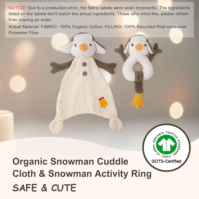 Organic Cotton Stuffed Animal Rattle Baby Toys, Plush Snowman Cuddle Cloth and Hand Grip Ring Rattles Plush Toy Set for Newborns Infant Boys Girls, 2 PCS