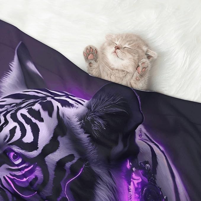 Waterproof Dog Blanket Soft Pet Blanket for Puppy Cat, Fleece Cat Throw Blankets for Furniture Bed Couch Sofa Reversible - Purple Pattern White Tiger