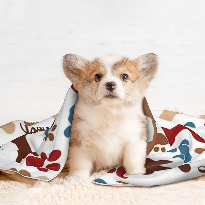 Reversible Dog Blanket for Beds Couches, Dog Bones Paw Prints Cream, Double Sided Cat Blanket with Textured Dot Feel and Smooth Feel for Seasonal Comfort All Year