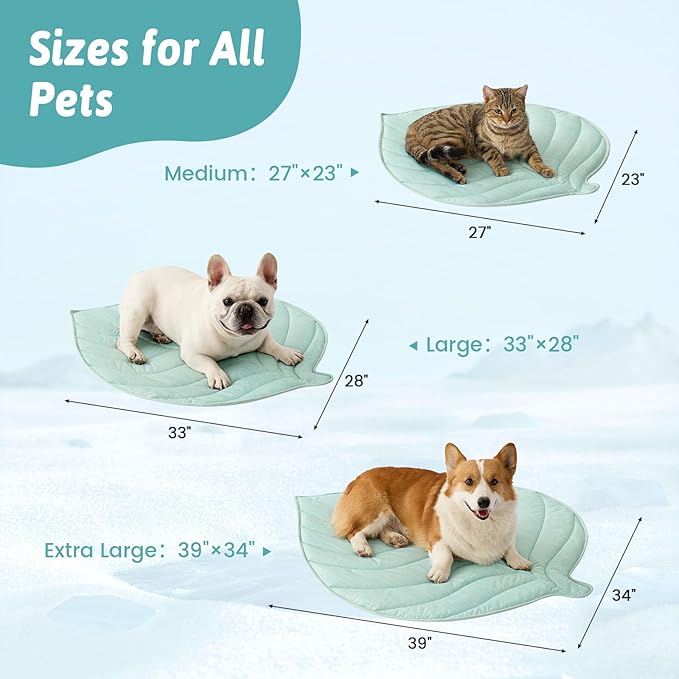 Dog Cooling Mat, Q-Max > 0.4 Leaf Shaped Pet Pad, Liquid Pee Proof Summer Mat for Cats, Washable Sleep Blanket for Bed Couch Floor Indoor, 27x23 inch, Green