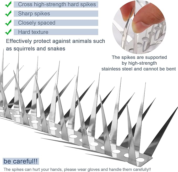 Bird Spikes,158inch Stainless Steel Bird Deterrent Spikes,Raccoon and Snake Deterrent,Squirrel Baffles for Bird Feeders,Pigeon Spikes for Outside,Anti climb spikes Garden Fences and Fruit Trees