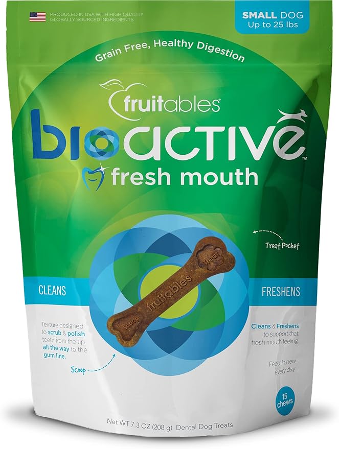 Fruitables Bioactive Fresh Mouth Dental Chews, Small Dog Treats, Pet Supplies, Teeth Cleaning Treats, Bad Breath & Tartar Preventer, Dog Dental Chews, Puppy Snacks, Up to 25 lbs, 7.3oz