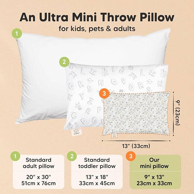 Mini Toddler Pillow with Pillowcase - 9x13 My Little Dreamy Travel Kids Pillow for Sleeping, Toddler Bed, Small, Tiny, Organic Cotton Pillowcase, Soft & Breathable, Kids 2-4 Years Old (Prairie)
