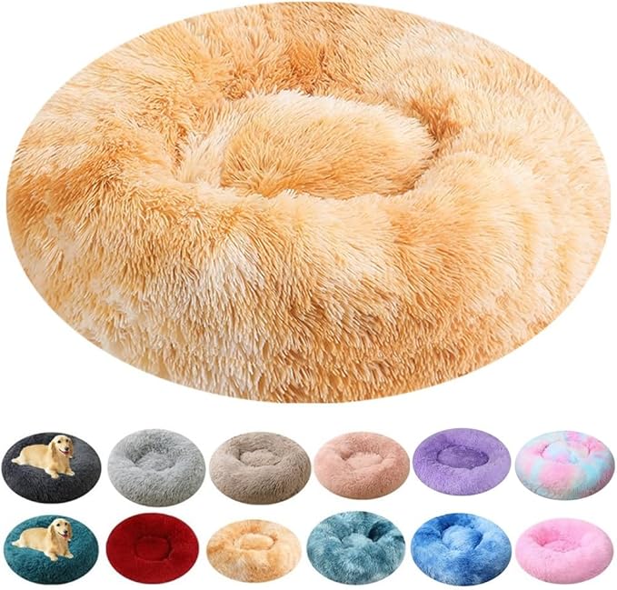 Calming Small Dog Bed & Cat Bed, 16 Inch Donut Fluffy Anti-Anxiety Round Bed Washable Cute Bed, Cuddler Warming Cozy Soft Bed, Plush Cushion Bed for Small Medium Dogs and Cats (Yellow White)