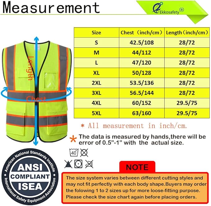 Reflective Mesh Safety Vest for Men Women with 5 Pockets and Zipper Front High Visibility Mesh Vest Hi Vis Construction Work Vest,Meets ANSI/ISEA Standards(EK175-Yellow-5XL)