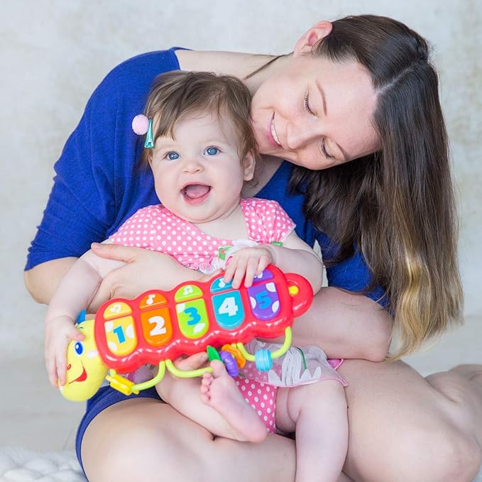 KiddoLab Lira Baby Musical Toy with Lights & Music – Interactive Caterpillar Spinner & Stacking Rings for Infants 3+ Months – Soft Stuffed Animal Head for Sensory Play