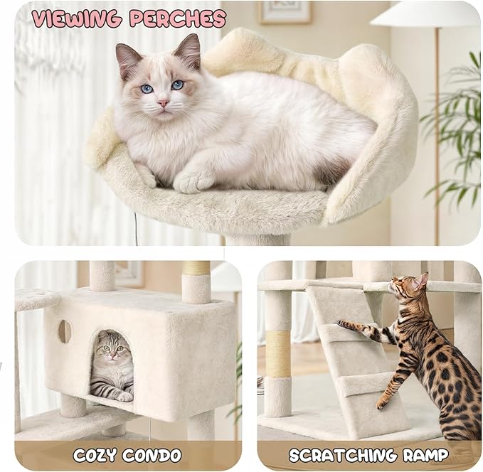 MoNiBloom 70 Inch Cat Tree Tower for Indoor Cats Large Adults, Tall Cat Tower with Scratching Post, Multi-Level Furniture Activity Center with Cat Condo Pet Play House, Beige