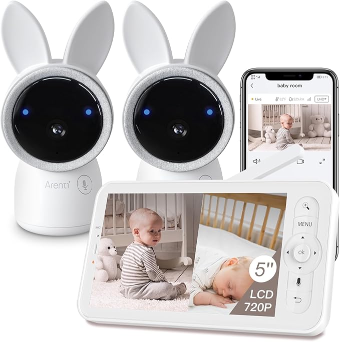 ARENTI Baby Monitor 2 Cameras, 2K Video Baby Camera with 5-Inch Upgraded Wireless Display, Super Night Vision, Lullabies, Cry & Motion Detection, Temp & Humidity Sensor, Two Way Audio
