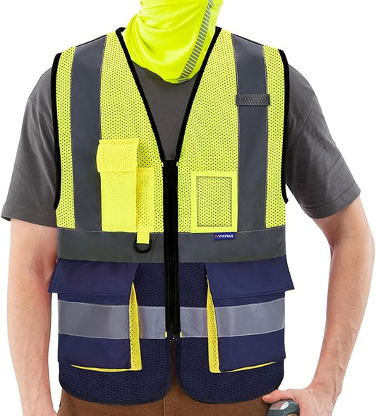 A-SAFETY High Visibility Mesh Safety Reflective Vest with Pockets and Zipper,Hi Vis Viz Reflective Safety Vest(Yellow&Navy Mesh XXL)