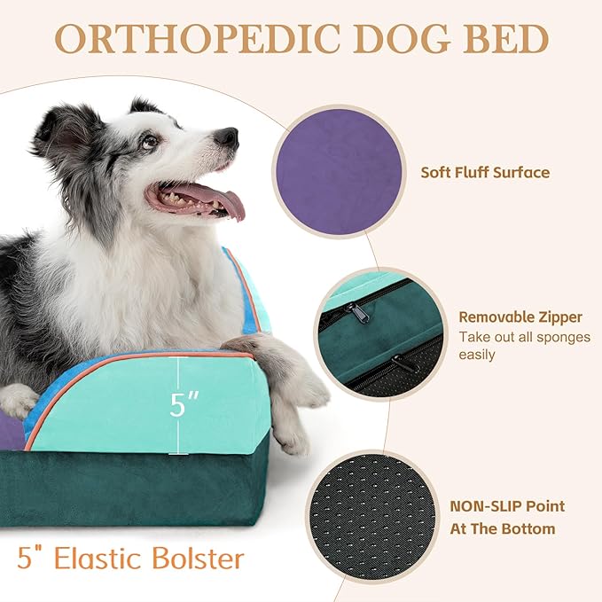 Comfort Expression Orthopedic Dog Bed for Large Dogs 36x27 Inch, Waterproof Egg Crate Foam Large Pet Bed with Removable Bolsters, Dog Couch with Washable Cover & Non-Slip Bottom, Violet Tide