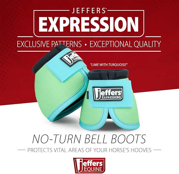 Jeffers Expression No Turn Bell Boots for Horses - Lime & Turquoise, Medium | Shock Absorbing Hoof Protection | Secure Double Hook & Loop Closure, Perfect for Turnout, Training, & Riding - 1 Pair