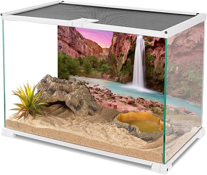 AWERT 30x12 inch Reptile Habitat Background Sunset Mountain Waterfall Terrarium Background Durable Polyester Background