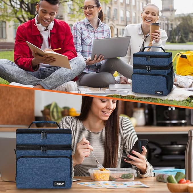 opux Insulated Lunch Bag for Men Women, Large Dual Compartment Cooler Bag, Soft Two Deck Lunch Box for Work School Picnic, Leakproof Lunch Tote with Shoulder Strap for Kid Adult (Navy, Double Deck)